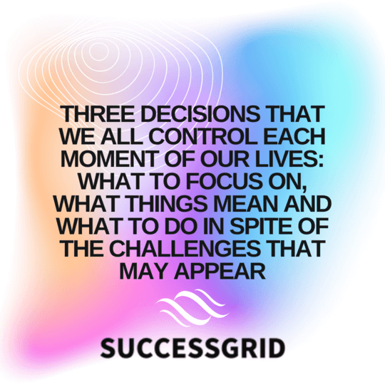 Three decisions that we all control each moment of our lives what to focus on, what things mean and what to do in spite of the challenges that may appear